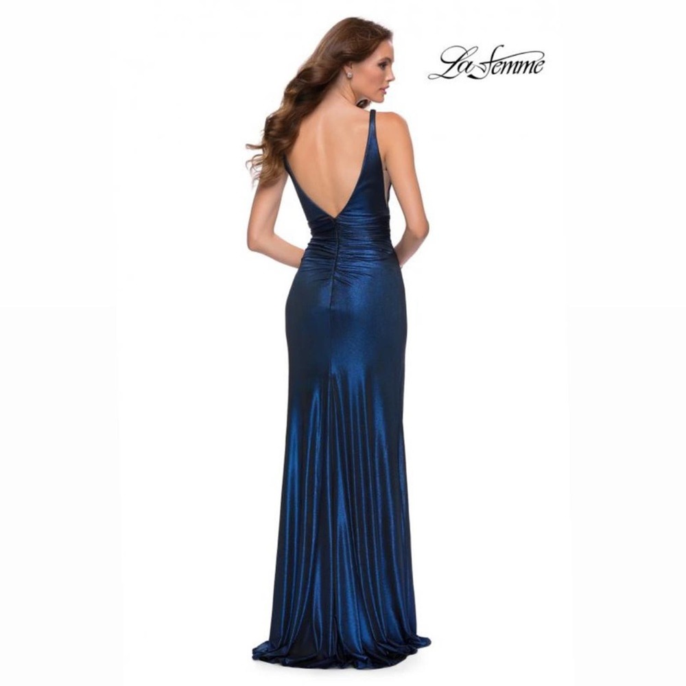 La Femme Navy Blue Metallic V-Neck Ruched Gown with Thigh Slit - Picture 2 of 9